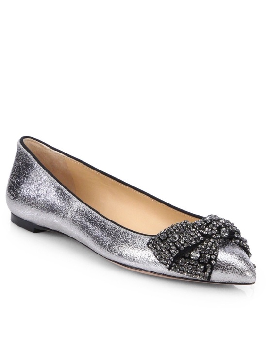 Tory Burch Shoes - Tory Burch Vanessa Metallic Silver Pointed Toe Crystal Bow Ballerina Flat Size 9